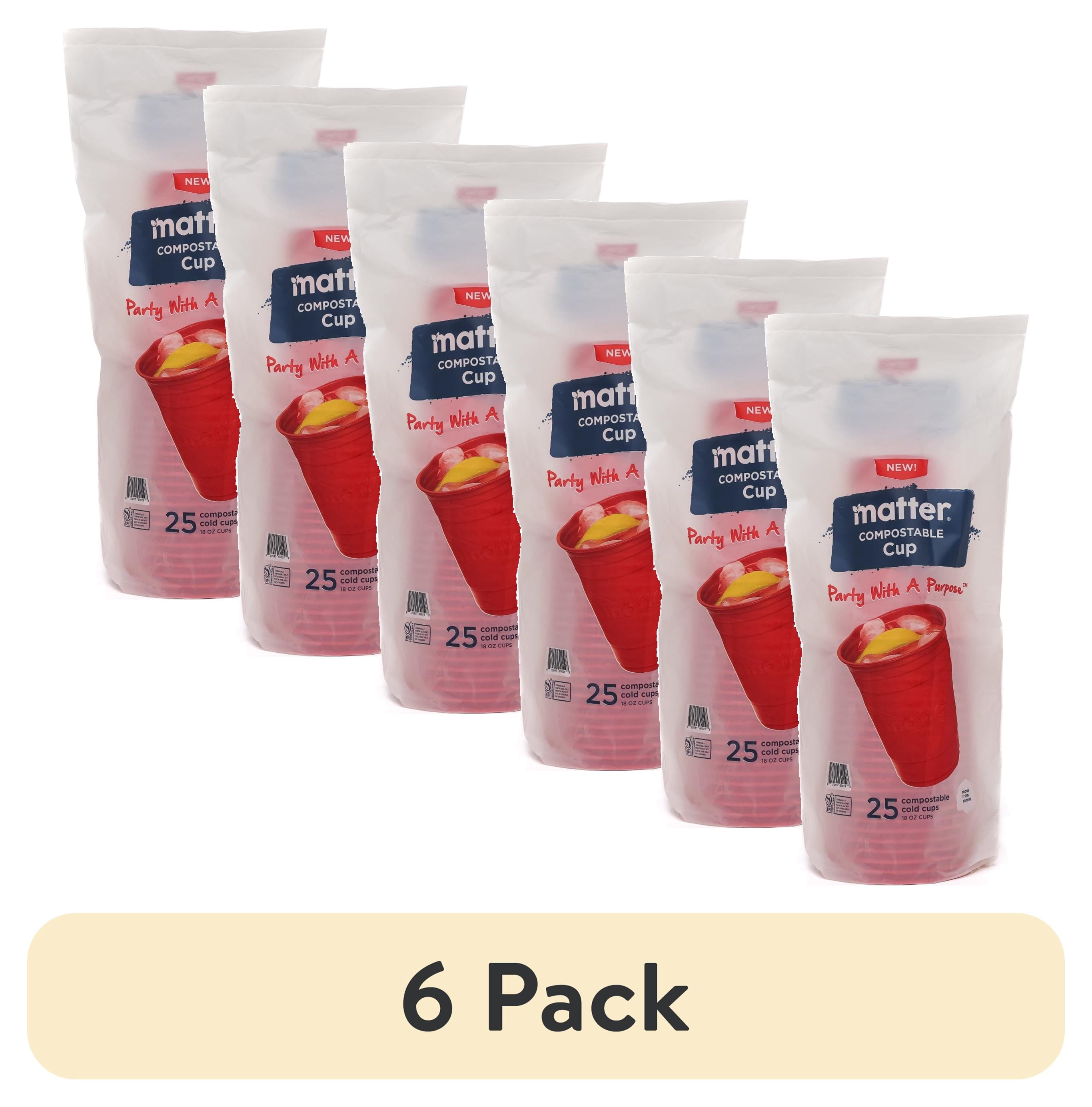 (6 pack) Matter Compostable Red Disposable Cups, 18 oz, 25 Count