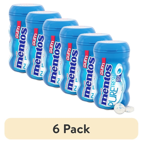 (6 pack) Mentos Gum Sugar-Free Fresh Mint Chewing Gum, 50 Regular Size Pieces, Bottle