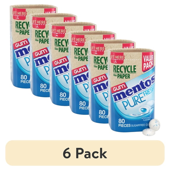 (6 pack) Mentos Pure Fresh Sugar-Free Gum, Paperboard Bottle, Fresh Mint, Peanut-Free, Regular Size, 80 Count