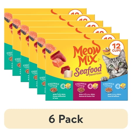 (6 pack) Meow Mix Savory Morsels Seafood Favorites Variety Pack, 2.75 oz Can (12 Pack)