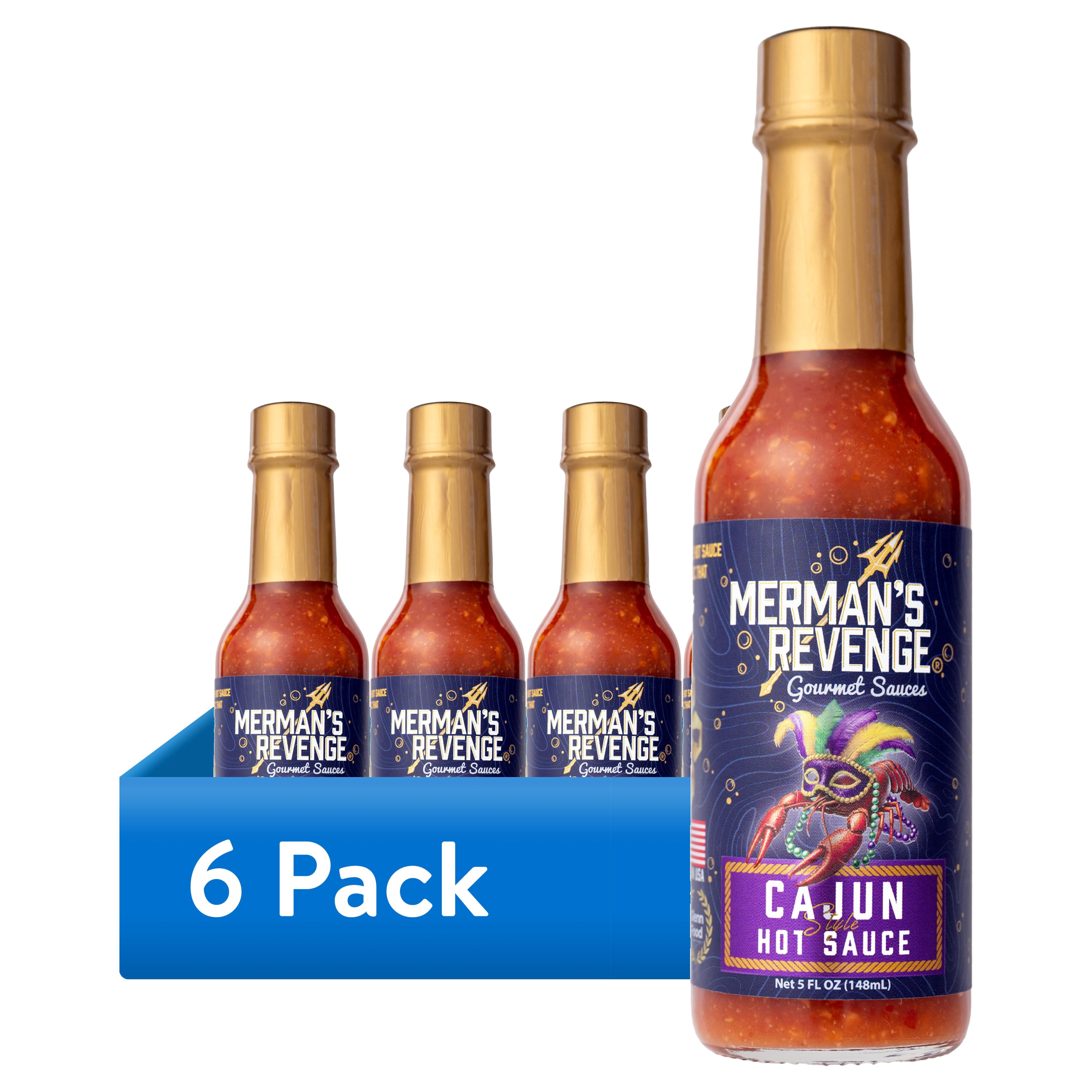 (6 pack) Merman's Revenge Cajun Style Medium Spice Hot Sauce, 5 fl oz Glass Bottle