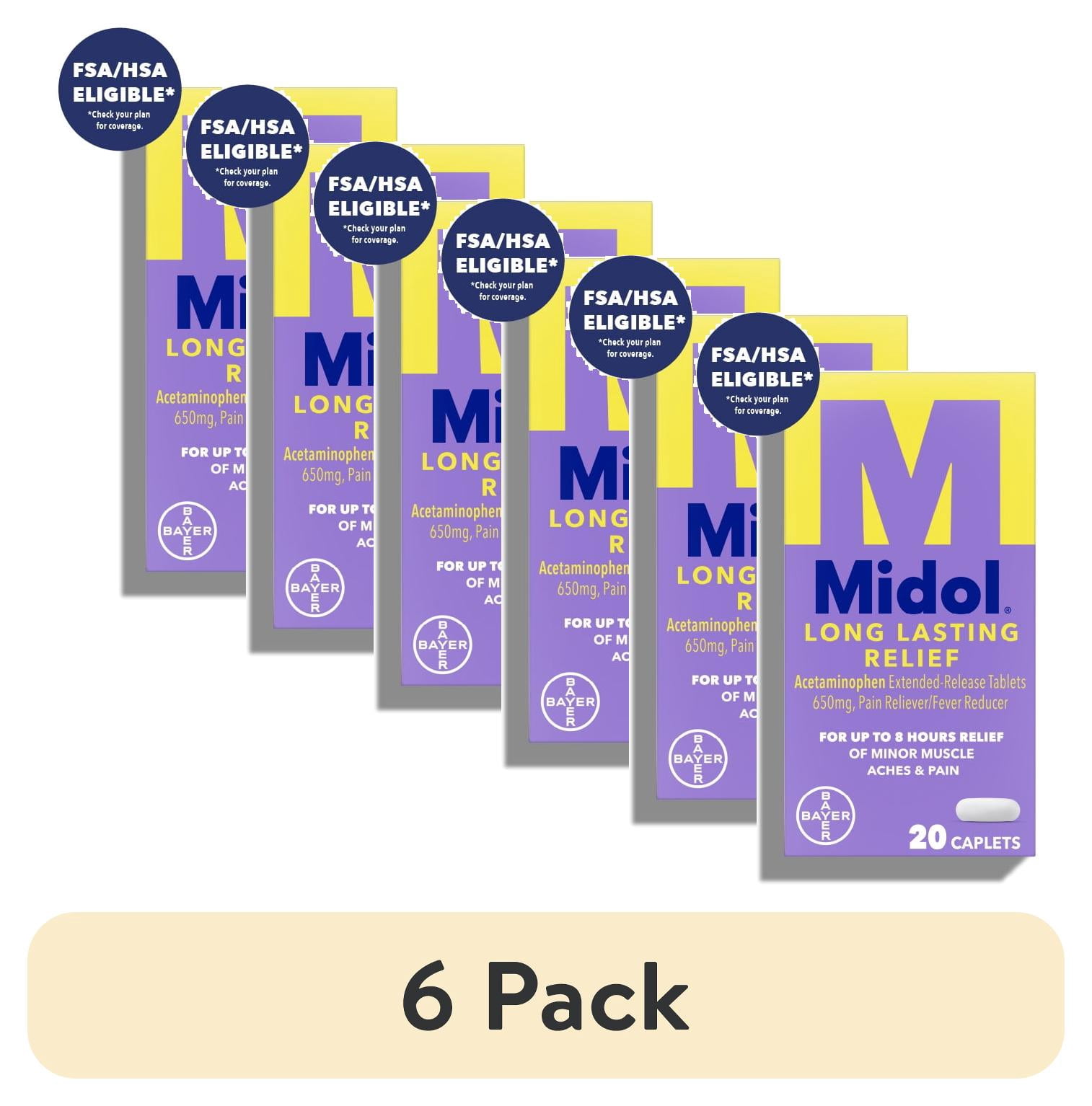 (6 pack) Midol Long Lasting Relief Menstrual Pain Relief Caplets, 20 Count
