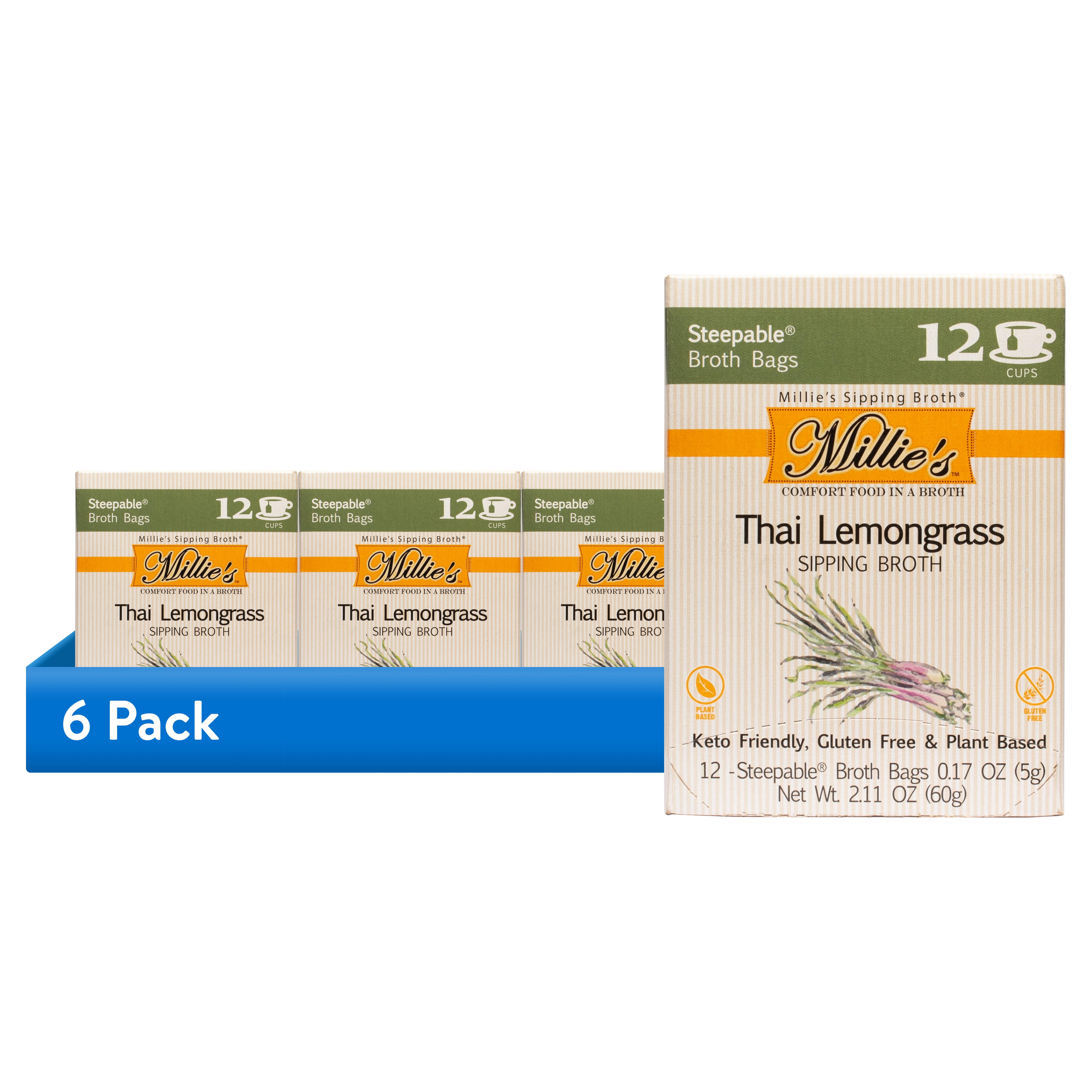 (6 pack) Millie's Sipping Steepable Broth Bags, Thai Lemongrass, 12pk