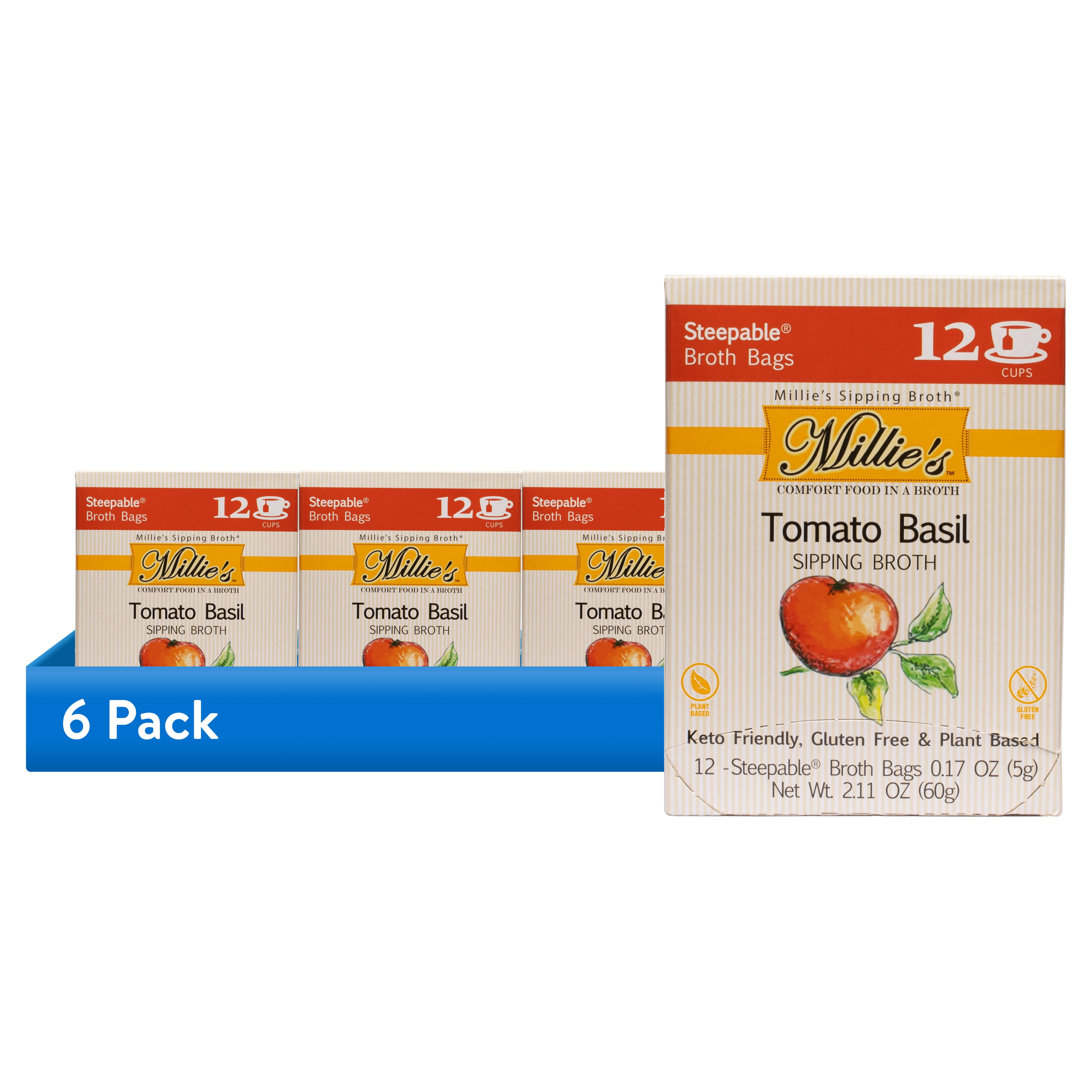 (6 pack) Millie's Sipping Steepable Broth Bags, Tomato Basil, 12 pk