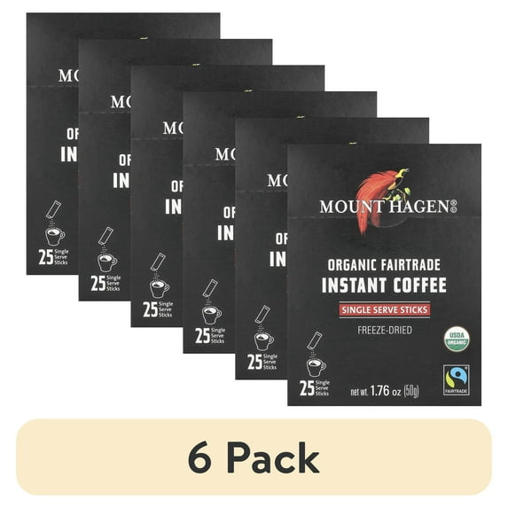 (6 pack) Mount Hagen Organic Fairtrade Instant Coffee, 25 Single Serve Sticks
