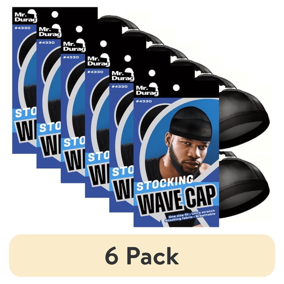 (6 pack) Mr. Durag Black Stocking Wave Cap with Wide Band, 2 Pack