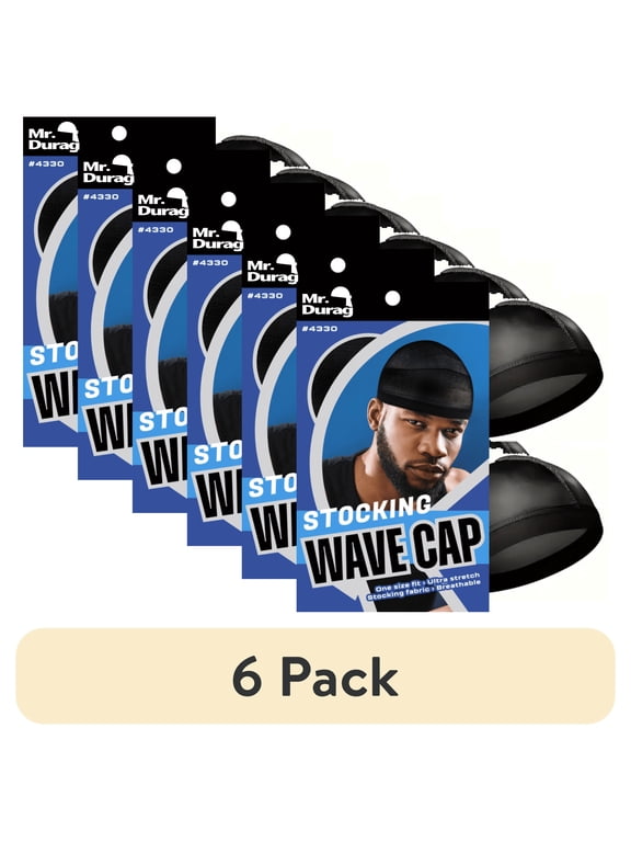 (6 pack) Mr. Durag Black Stocking Wave Cap with Wide Band, 2 Pack