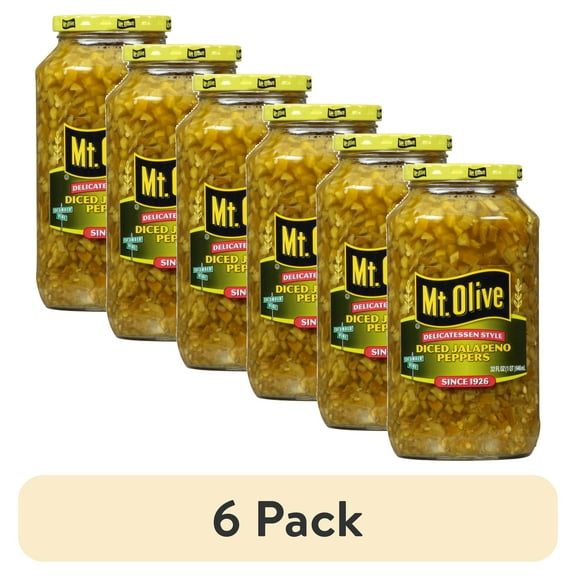 (6 pack) Mt. Olive Delicatessen Style Diced Jalapeno Peppers, 32 fl oz jar