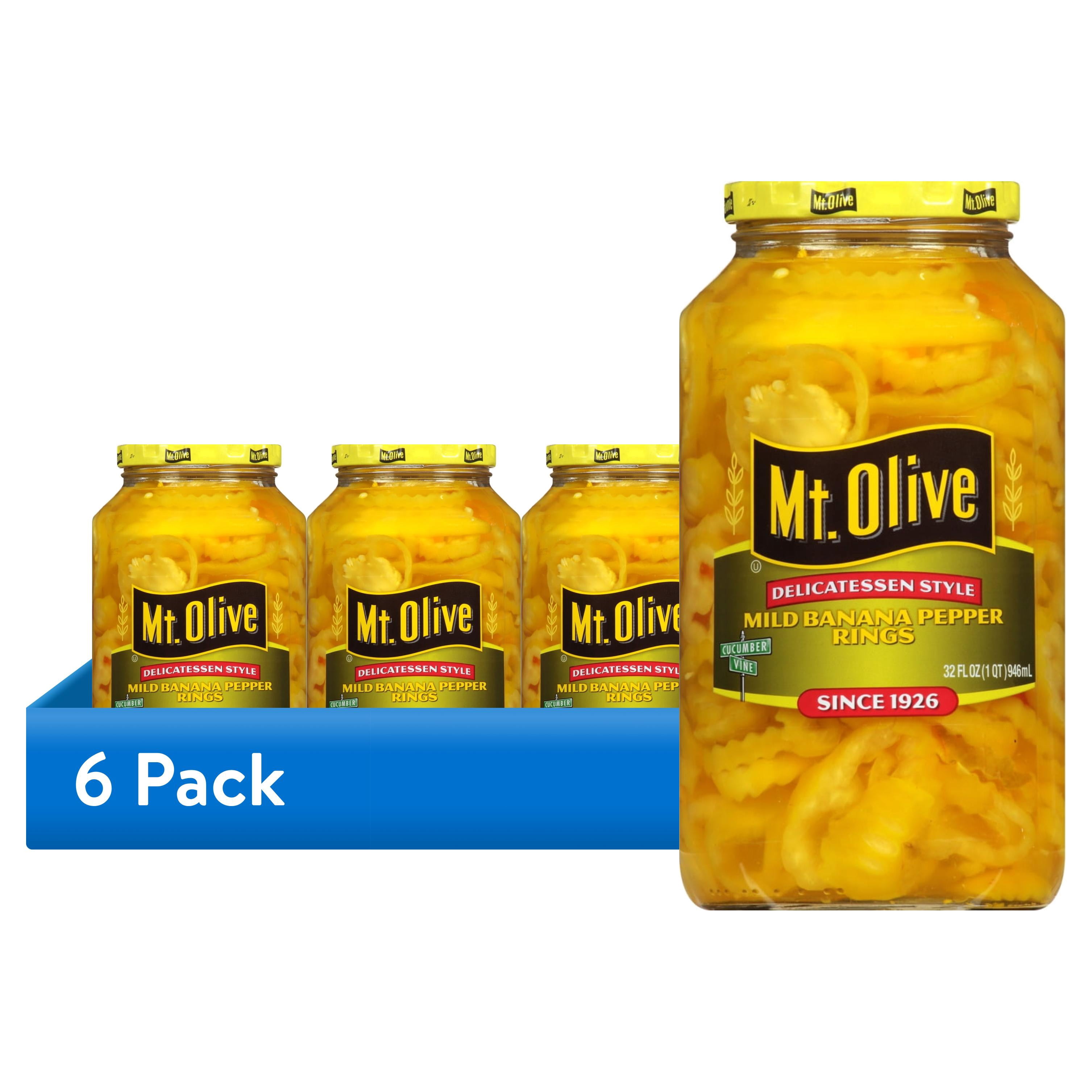 (6 pack) Mt. Olive Deli Style Mild Banana Pepper Rings, 32 fl oz jar