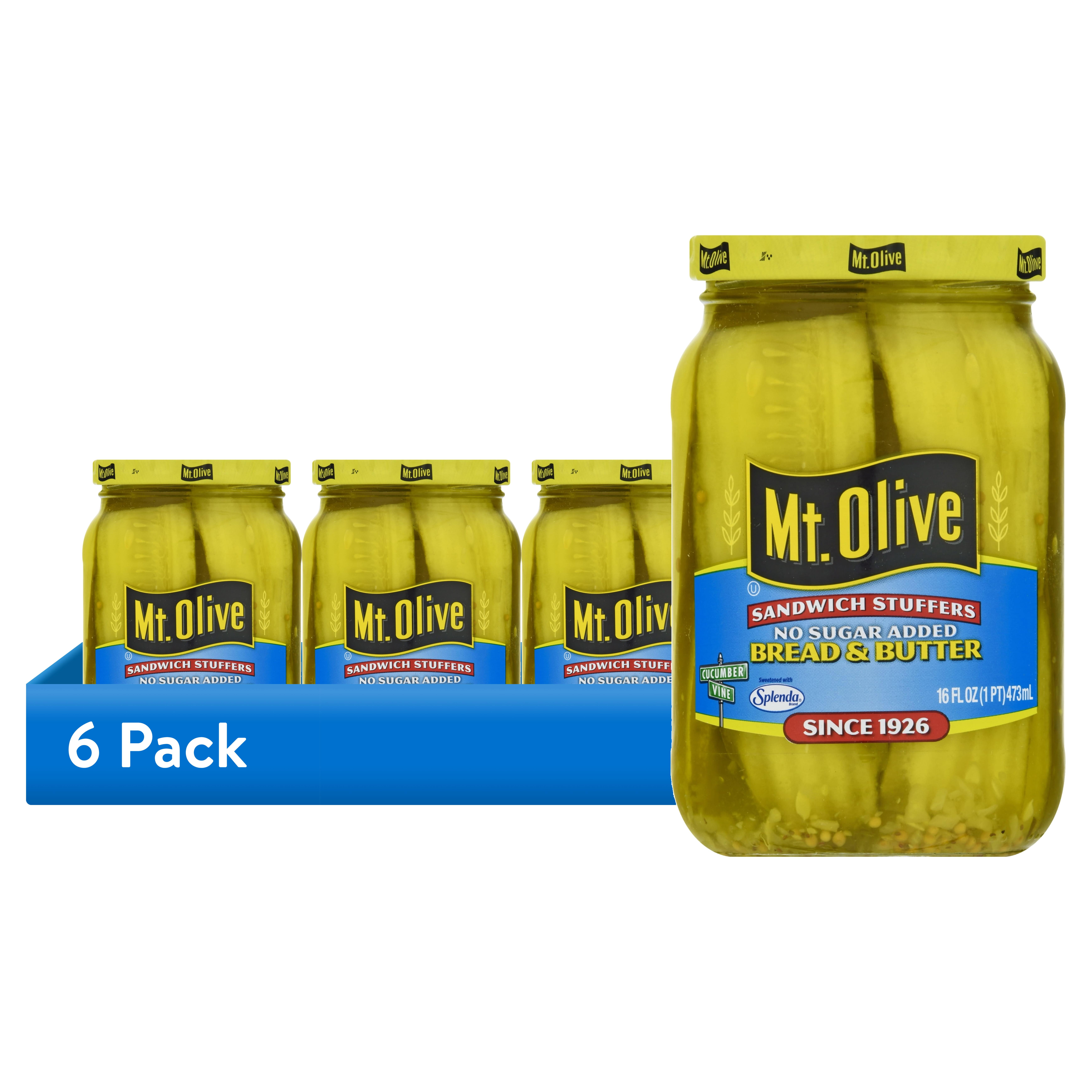 (6 pack) Mt. Olive Sandwich Stuffer Slices, No Sugar Added Bread & Butter, 16 fl oz Jar