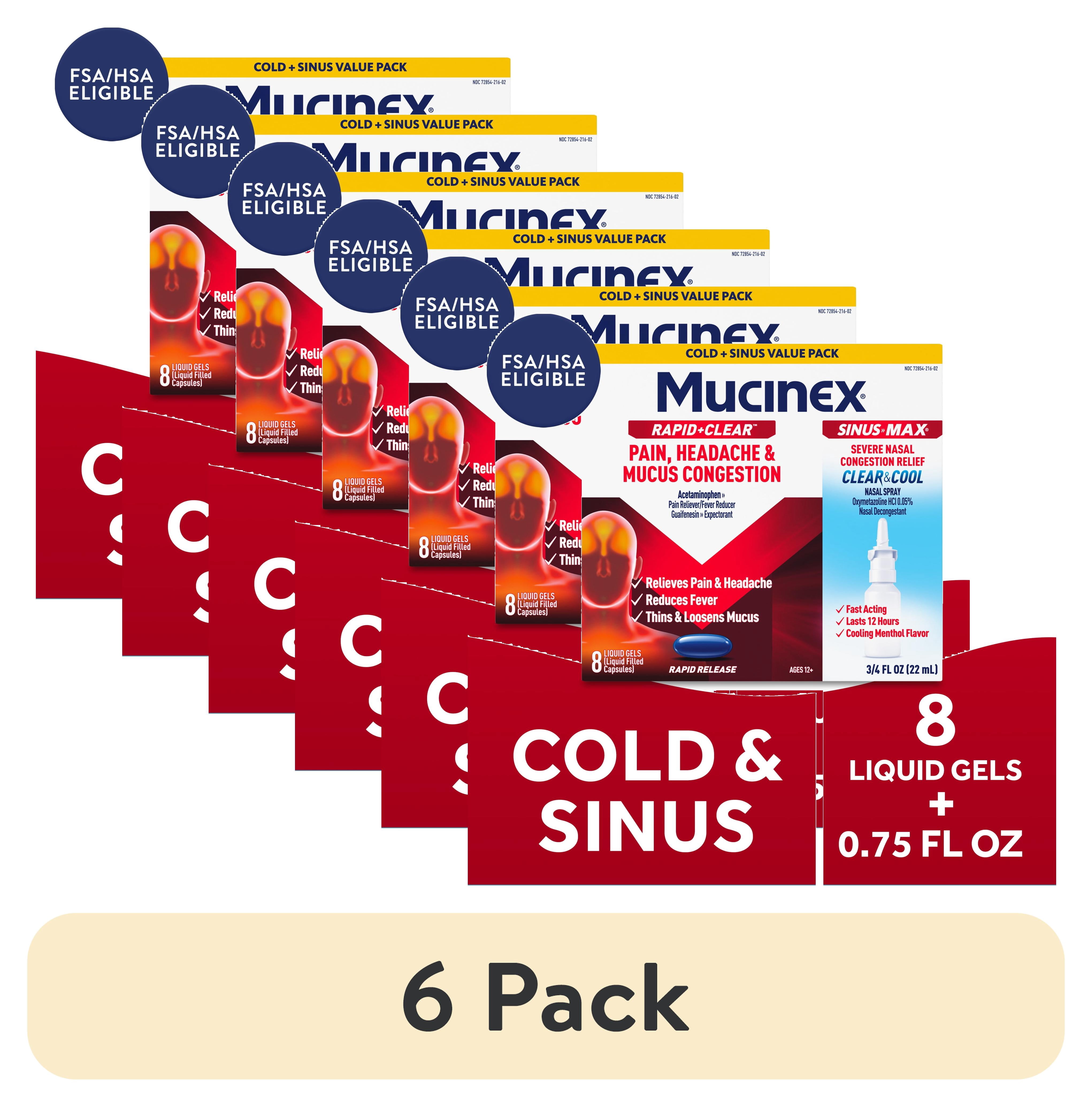 (6 pack) Mucinex Rapid Clear Pain, Headache, & Mucus Congestion (8 Liquid Gels) + Sinus Pressure Relief Nasal Spray (0.75 oz) Combo Pack