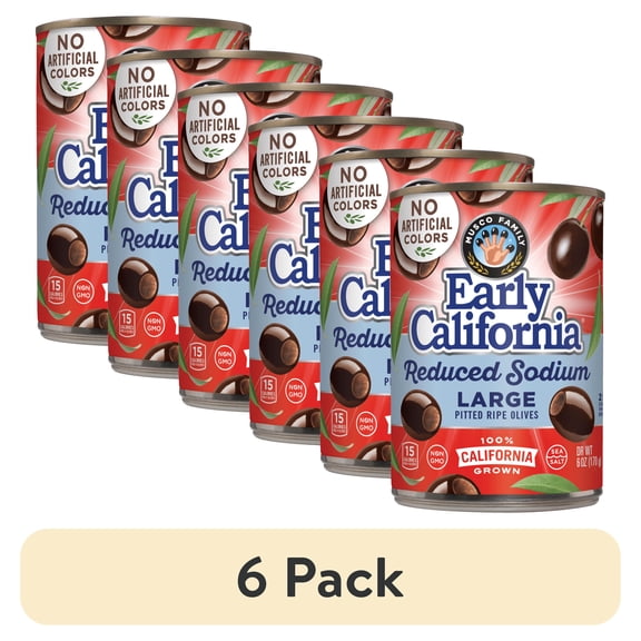 (6 pack) Early California Reduced Sodium Large  Black Pitted  Ripe Olives, 6 oz. Can. No Artificial Colors. Major Allergens Not Contained.