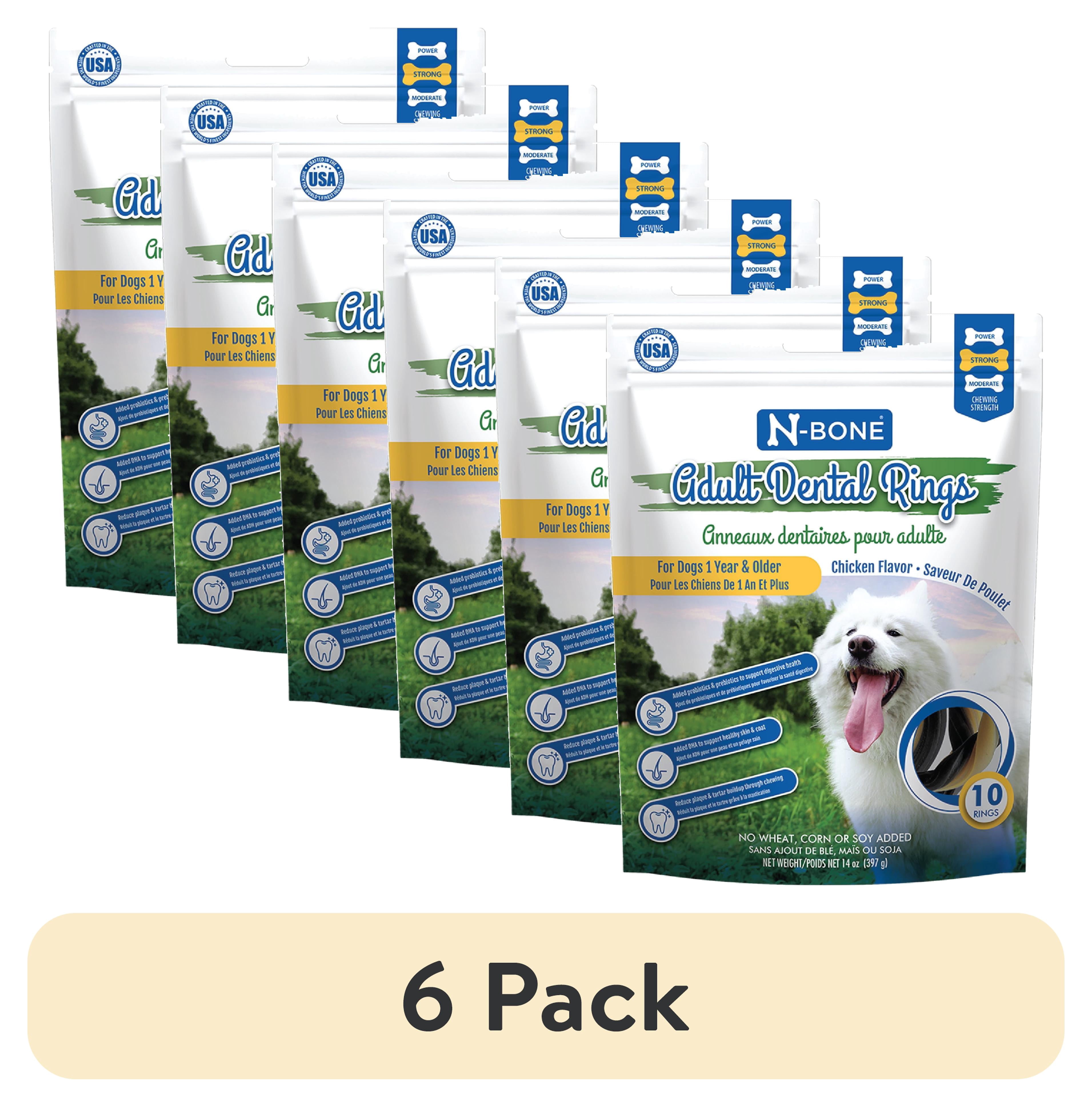 (6 pack) N-Bone® Adult Dental Rings, Dried Dental Chews with DHA and Natural Herbs for Dogs, Chicken Flavor, 10 Rings, 14oz, Dual Action Dental Treats with Breath Freshening and Oral Health Benefits