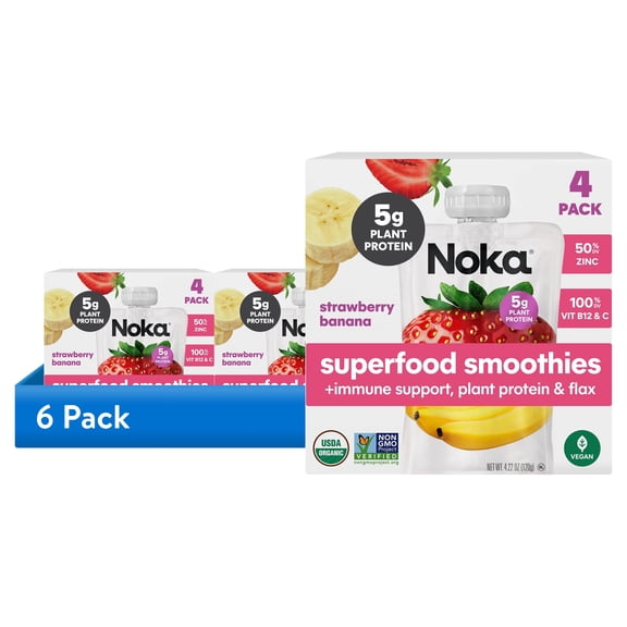 (6 pack) NOKA Organic Strawberry Banana Smoothie, 4.22 oz Pouches, 4 Count