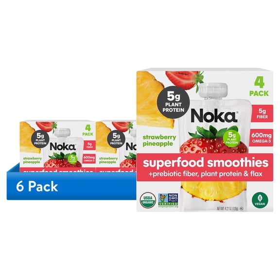 (6 pack) Noka Organic Superfood Smoothie Pouch, Plant Protein, Strawberry Pineapple, 4.22oz, 4 Pack