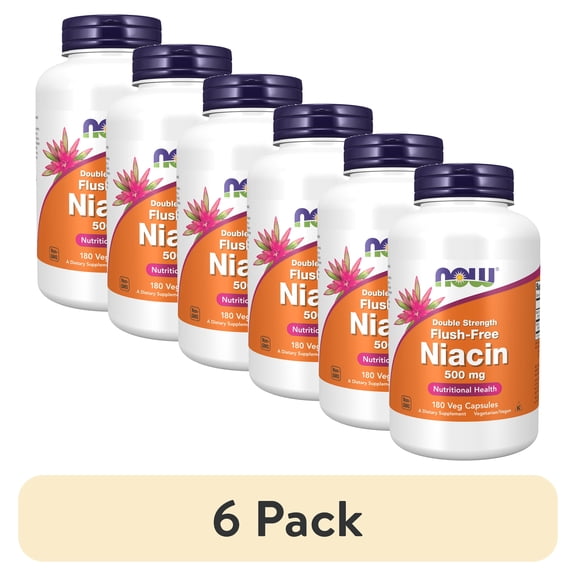 (6 pack) NOW Supplements, Niacin (Vitamin B-3) 500 mg, Flush-Free, Double Strength, Nutritional Health, 180 Veg Capsules