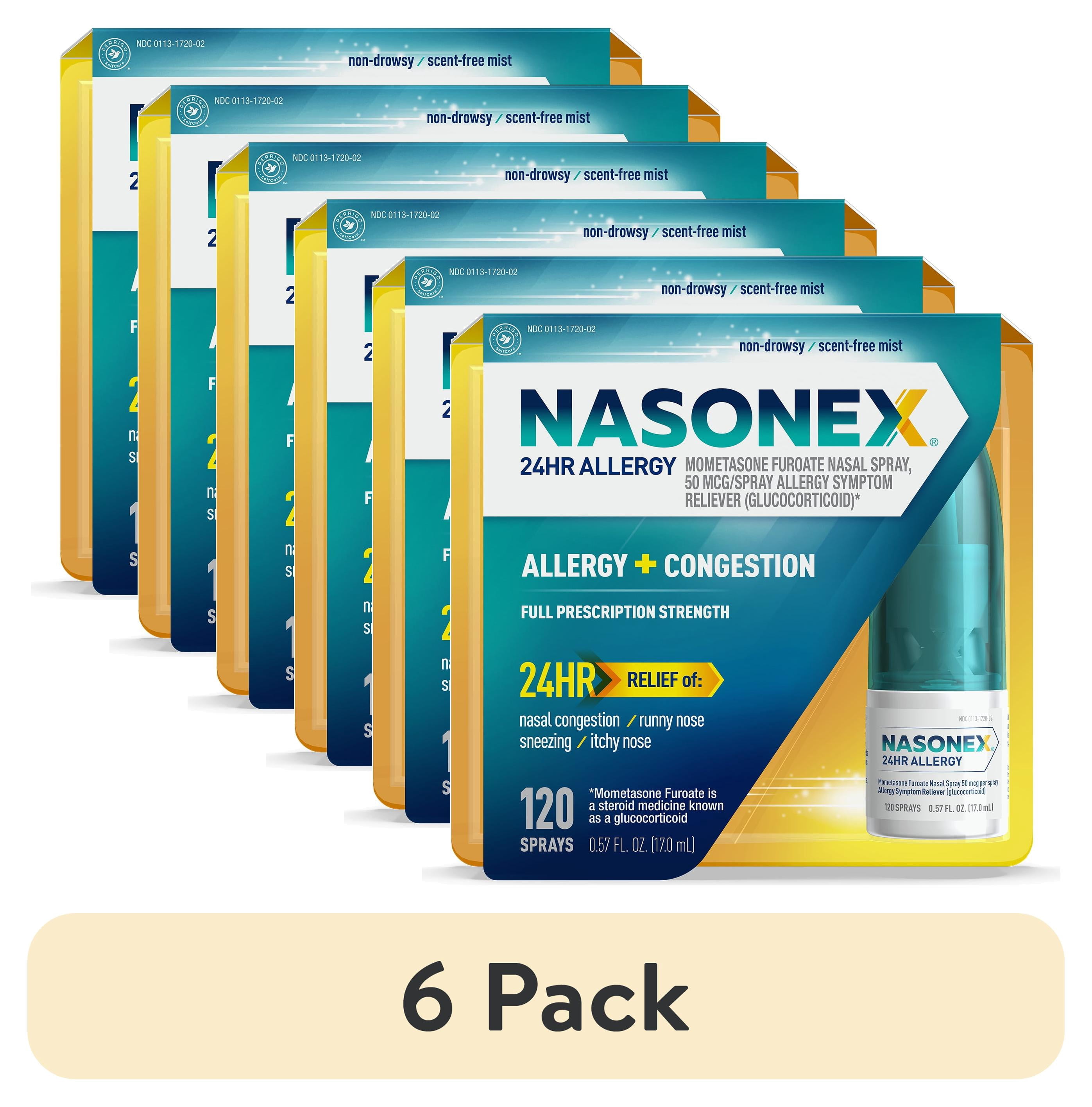 (6 pack) Nasonex 24HR Allergy Nasal Spray, Allergy and Congestion, 120 Sprays, 17.0 ml