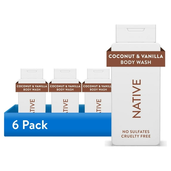 (6 pack) Native Body Wash, Sulfate Free, Coconut & Vanilla, for Women and Men, 18 oz