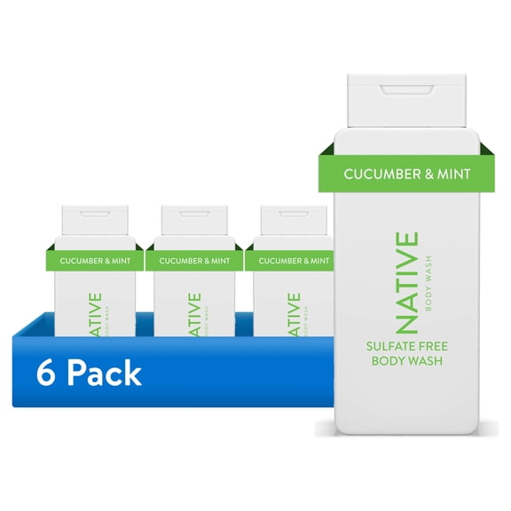 (6 pack) Native Body Wash, Cucumber & Mint, Sulfate Free, Naturally Derived Ingredients, 24hr Freshness, for Women & Men, 18 fl oz