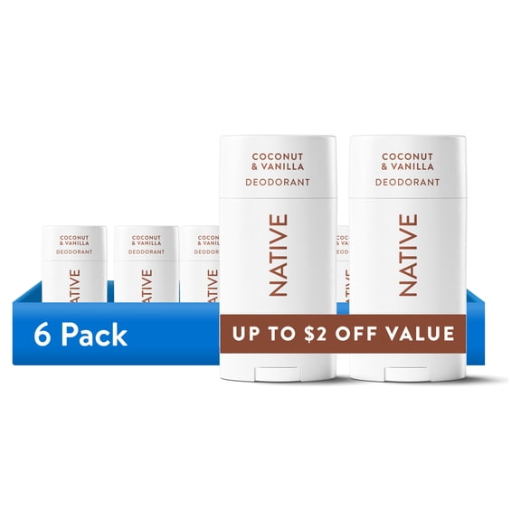(6 pack) Native Deodorant for Women & Men, Aluminum Free, Coconut & Vanilla, 2.3 oz, 2 Count