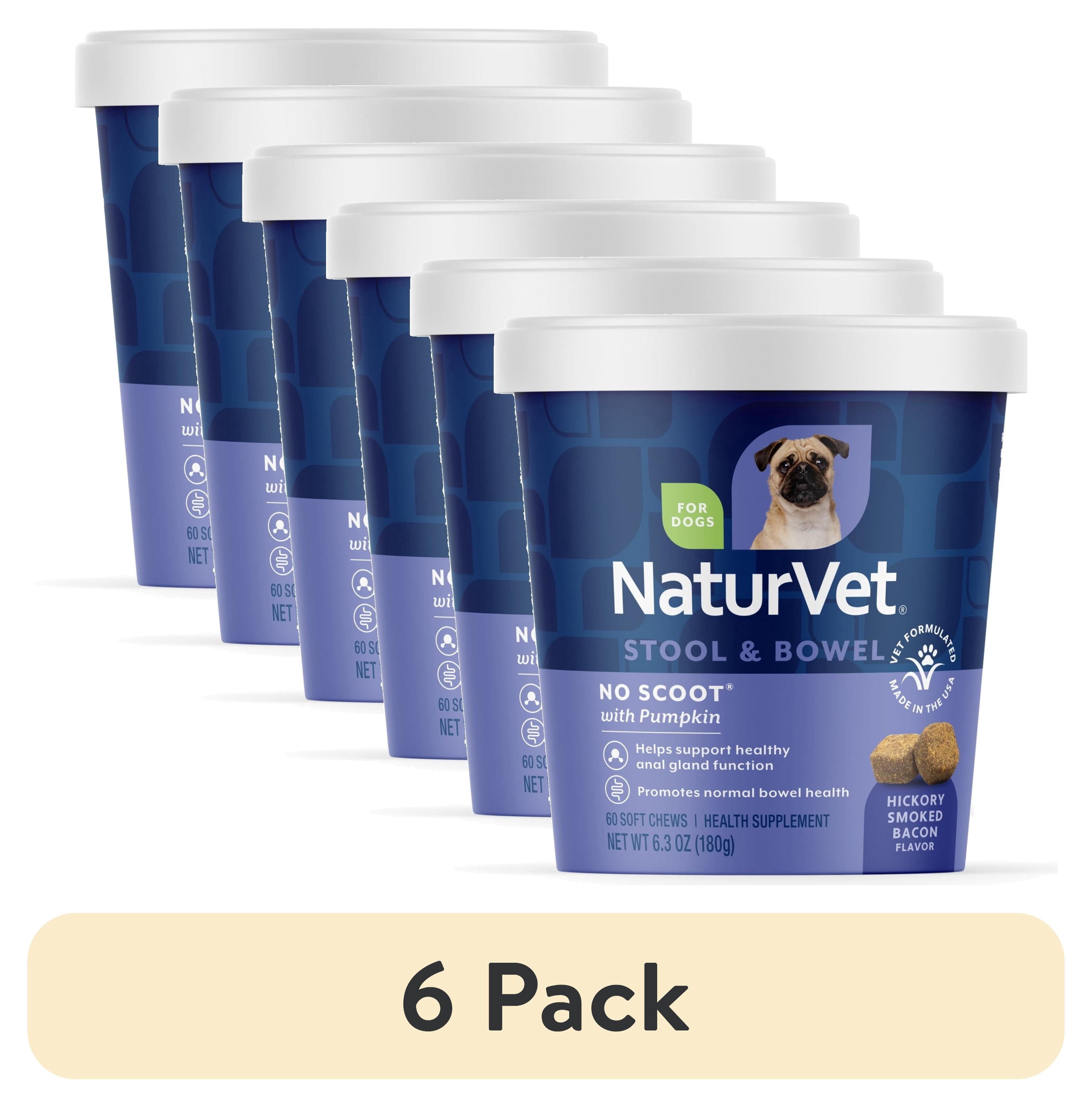(6 pack) NaturVet No Scoot Stool & Bowel Supplement for Dogs, Hickory Smoked Bacon Flavor, 60 Count