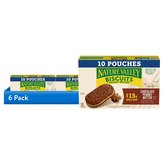 (6 pack) Nature Valley Biscuit Sandwiches, Chocolate Peanut Butter, Snack Bars, 10 Bars, 13.5 oz