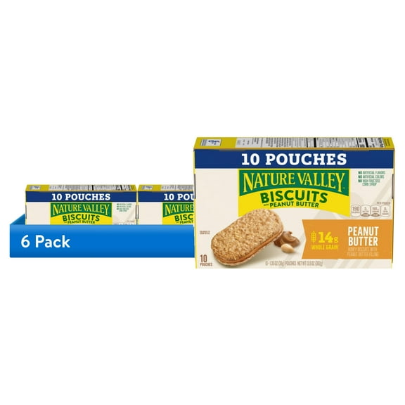 (6 pack) Nature Valley Biscuit Sandwiches, Peanut Butter, Snack Bars, 10 Bars, 13.5 oz