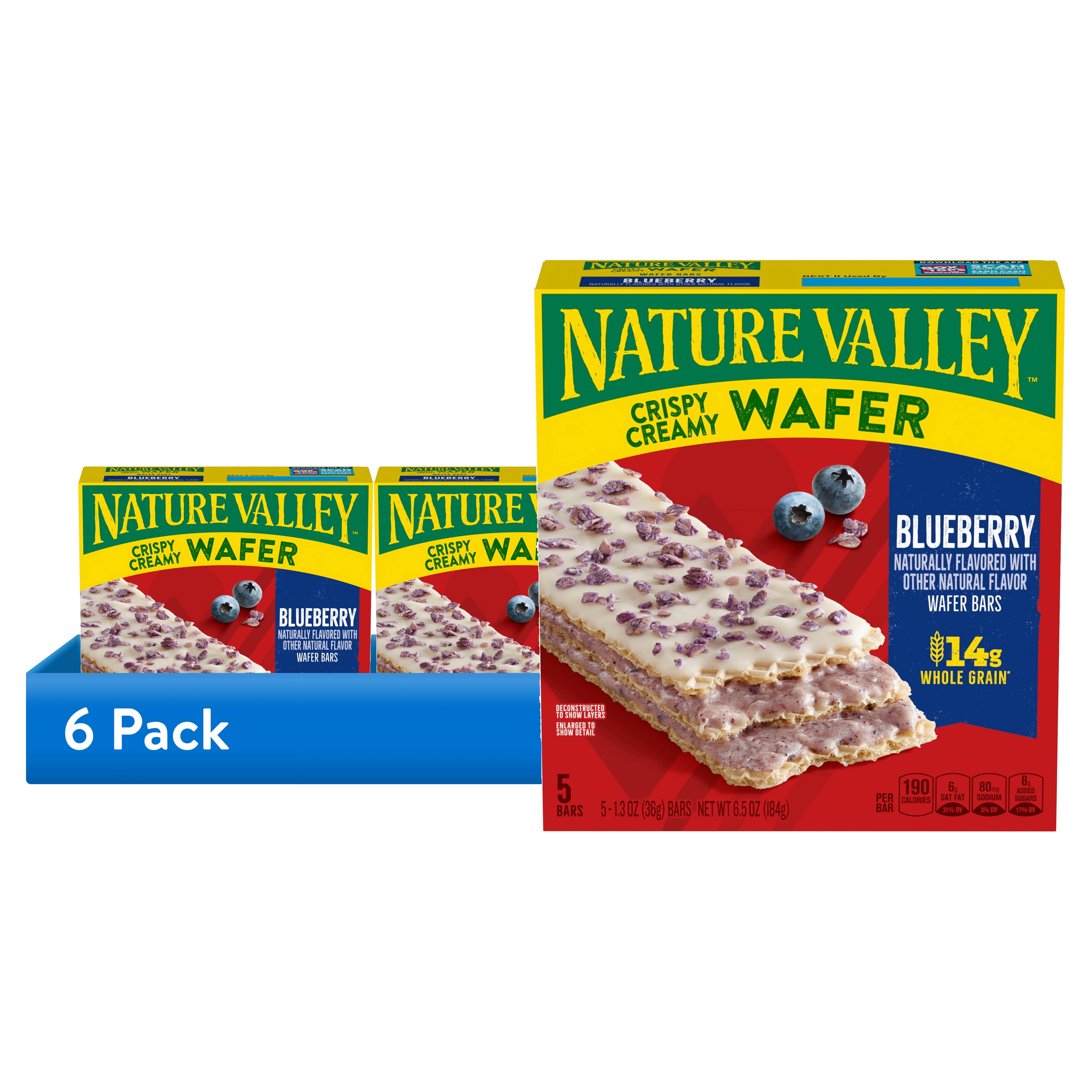 (6 pack) Nature Valley Crispy Creamy Wafer Bars, Blueberry, Whole Grain, 5 Bars, 6.5 oz