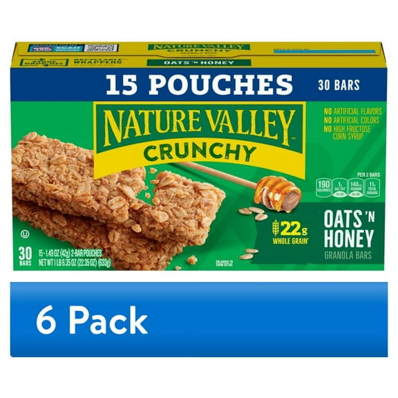 (6 pack) Nature Valley Crunchy Granola Bars, Oats 'n Honey, 30 Count, 22.35 oz (15 Pouches)