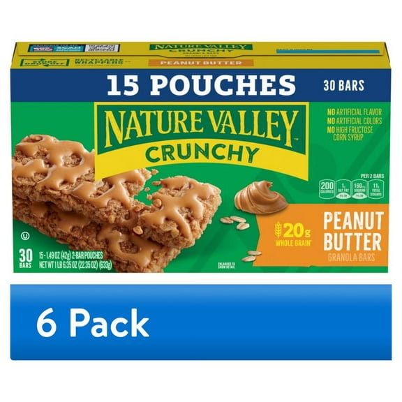 (6 pack) Nature Valley Crunchy Granola Bars, Peanut Butter, 30 Count, 22.35 oz (15 Pouches)