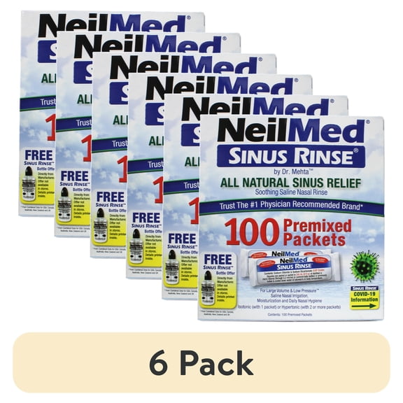 (6 pack) NeilMed Sinus Rinse Preservative-Free Sinus Relief Drops for Sinus Relief, Nasal Allergies Set with Rinse Premixed Refill 0.75 lbs 100 Count