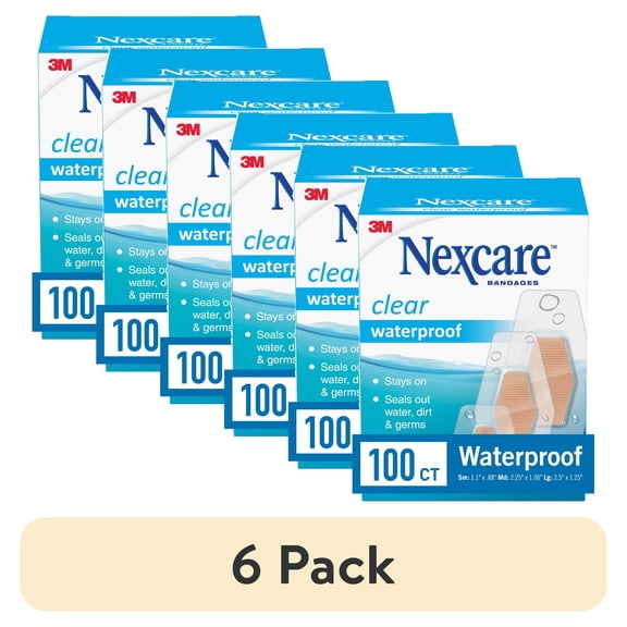 (6 pack) Nexcare Waterproof Assorted Bandages, Clear, 100ct