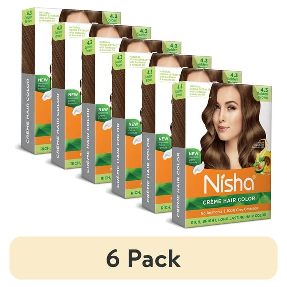 (6 pack) Nisha Creme Hair Color | Permanent Long Lasting Brown Hair Dye Colour Kit | Golden Brown | Mini Box 40gm / 1.35 Oz