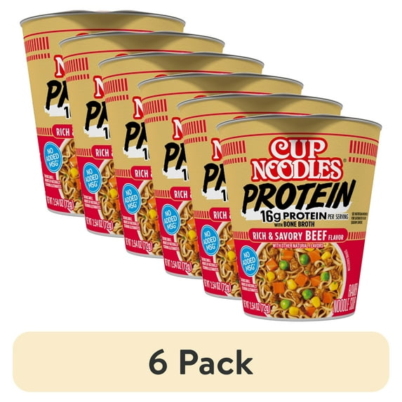 (6 pack) Nissin Cup Noodles Protein Ramen, Beef Flavor with Bone Broth, 16g Protein, 2.54 Ounce Cup