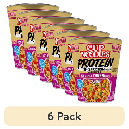 (6 pack) Nissin Cup Noodles Protein Ramen, Chicken Flavor Spicy Ramen with Bone Broth, 16g Protein, 2.54 Ounce Cup