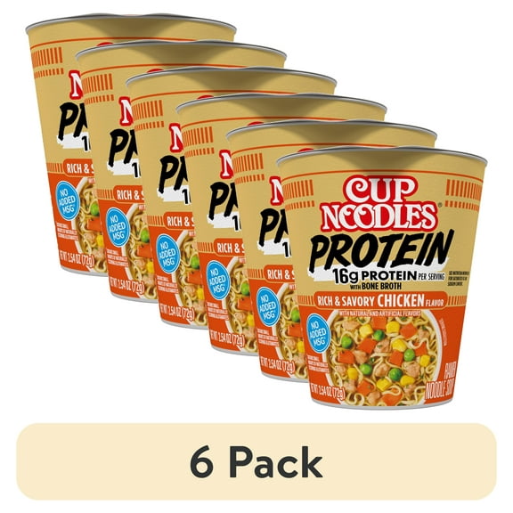 (6 pack) Nissin Cup Noodles Protein Ramen, Chicken Flavor with Bone Broth, 16g Protein, 2.54 Ounce Cup