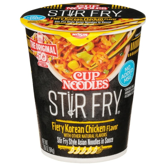 (6 pack) Nissin Foods Cup Noodles Stir Fry Ramen Noodles, Fiery Korean Chicken Flavor, 2.36 oz Cup, Shelf-Stable