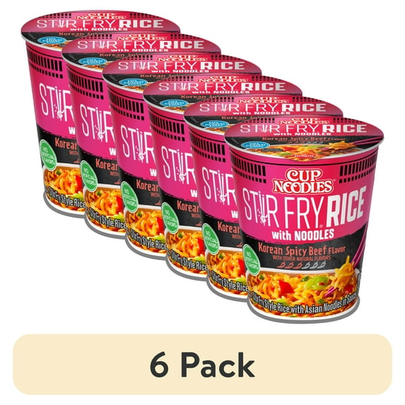 (6 pack) Nissin Foods Cup Noodles Stir Fry Rice with Noodles, Korean Spicy Beef Flavor, 2.36 oz Cup, Shelf-Stable