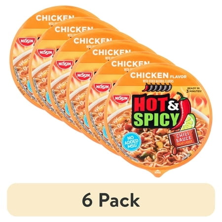 (6 pack) Nissin Foods Hot & Spicy Ramen Noodle Soup, Chicken Flavor, 4.55 oz Bowl, Shelf-Stable