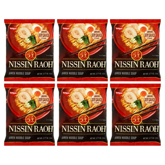 (6 pack) Nissin Foods Raoh Ramen Noodle Soup, Umami Soy Sauce Flavor, 3.77 oz Bag, Shelf-Stable