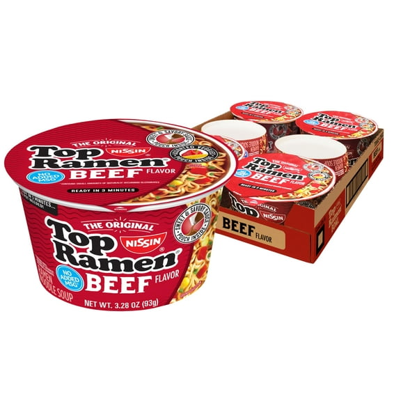(6 pack) Nissin Foods Top Ramen The Original Ramen Noodle Soup, Beef Flavor, 3.28 oz Bowl, Shelf-Stable