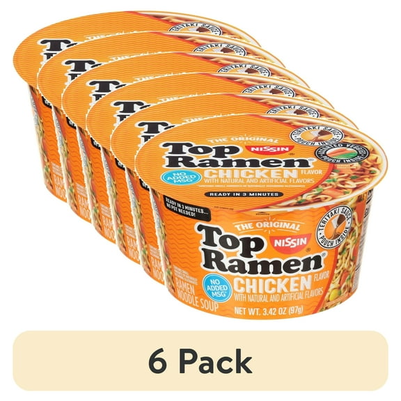 (6 pack) Nissin Foods Top Ramen The Original Ramen Noodle Soup, Chicken Flavor, 3.42 oz Bowl, Shelf-Stable