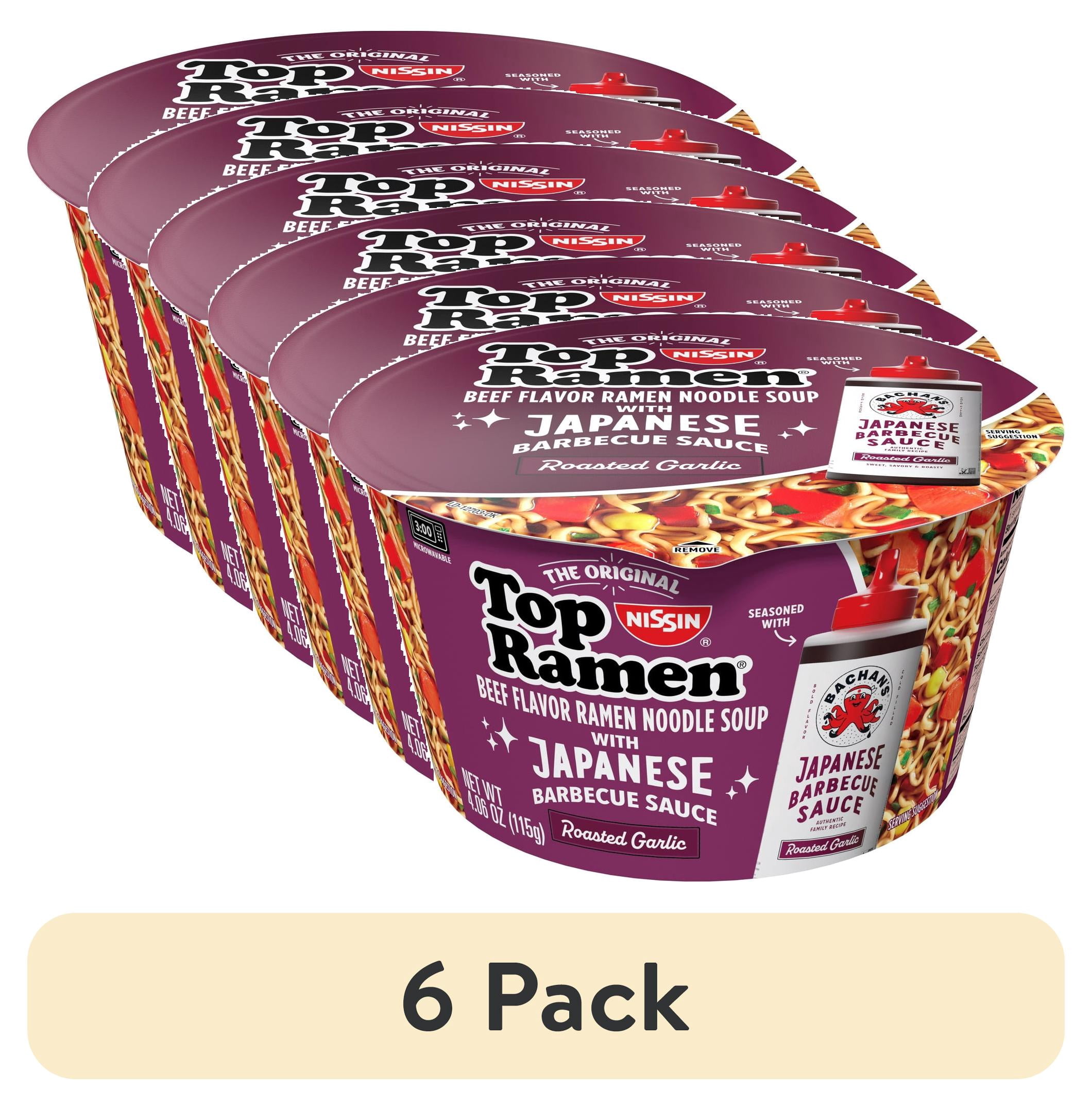 (6 pack) Nissin Top Ramen Bachan's Beef Ramen Bowl with Bachan's Roasted Garlic Japanese Barbeque Sauce