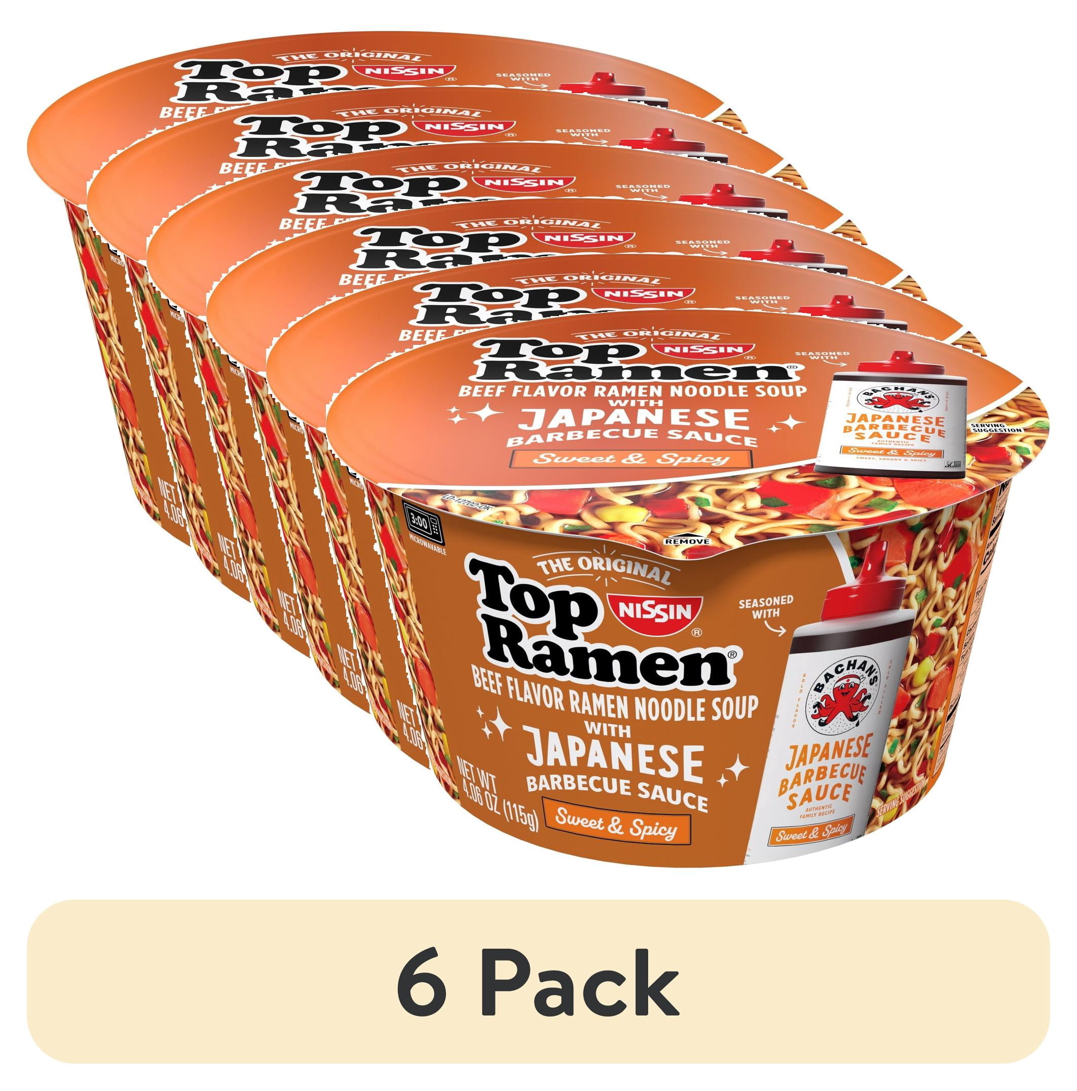 (6 pack) Nissin Top Ramen Bachan's Beef Ramen Bowl with Bachan's Sweet & Spicy Japanese Barbeque Sauce
