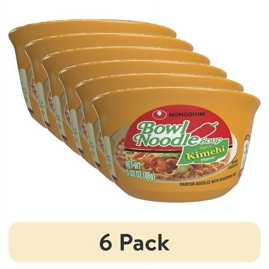 (6 pack) Nongshim Bowl Noodle Spicy Kimchi Ramyun Ramen Noodle Soup Bowl, 3.03oz X 1 Count, Shelf-Stable