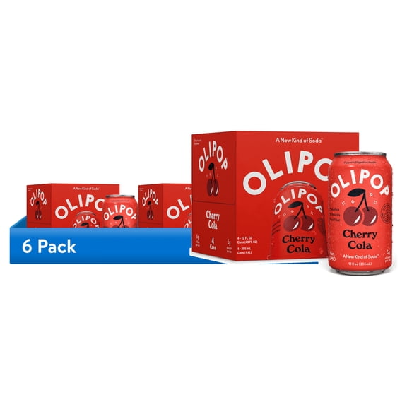 (6 pack) OLIPOP Prebiotic Soda, Cherry Cola, 12 fl oz, 24 Pack, Pantry Packs