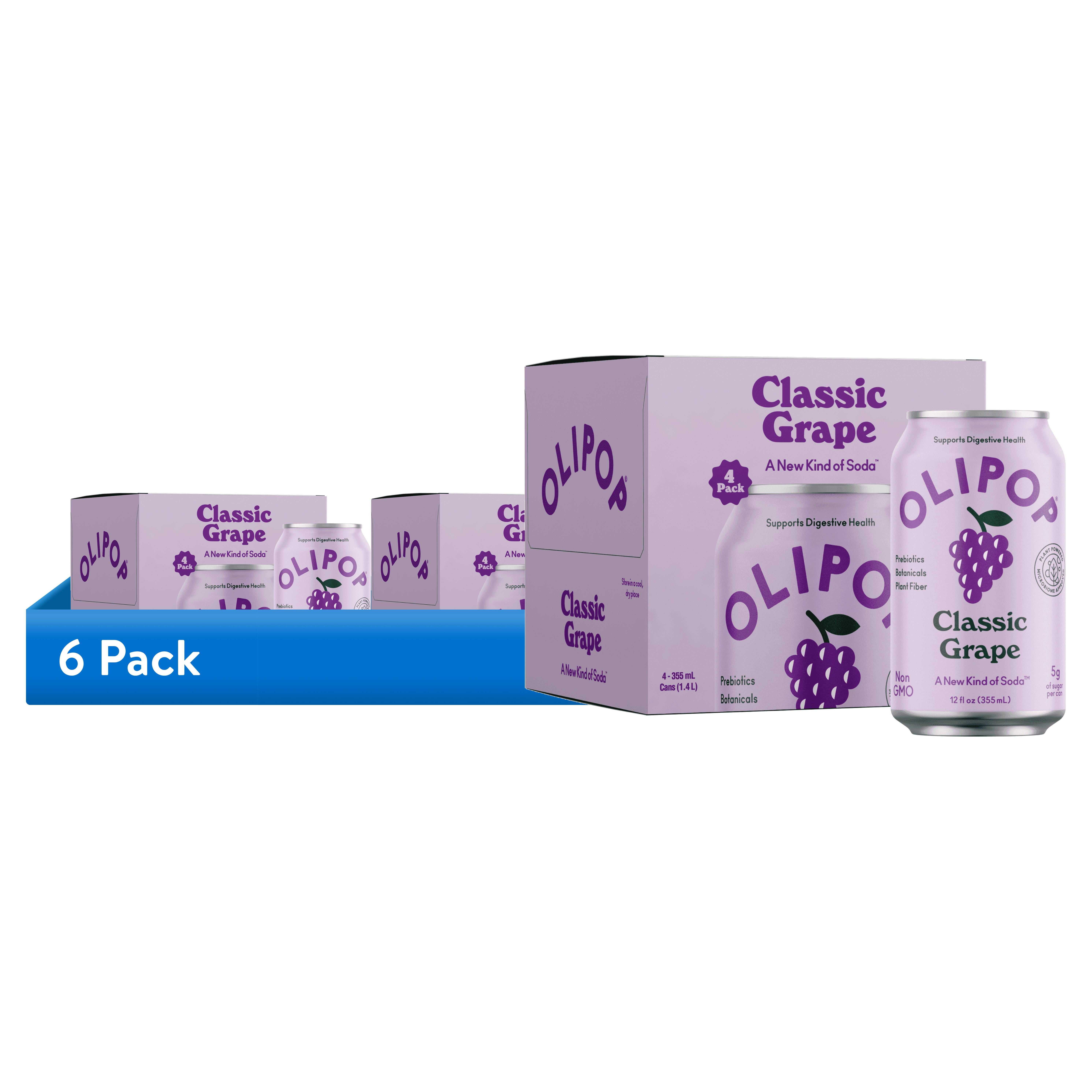 (6 pack) OLIPOP Prebiotic Soda, Classic Grape, 12 fl oz, 4 Pack, Pantry Packs