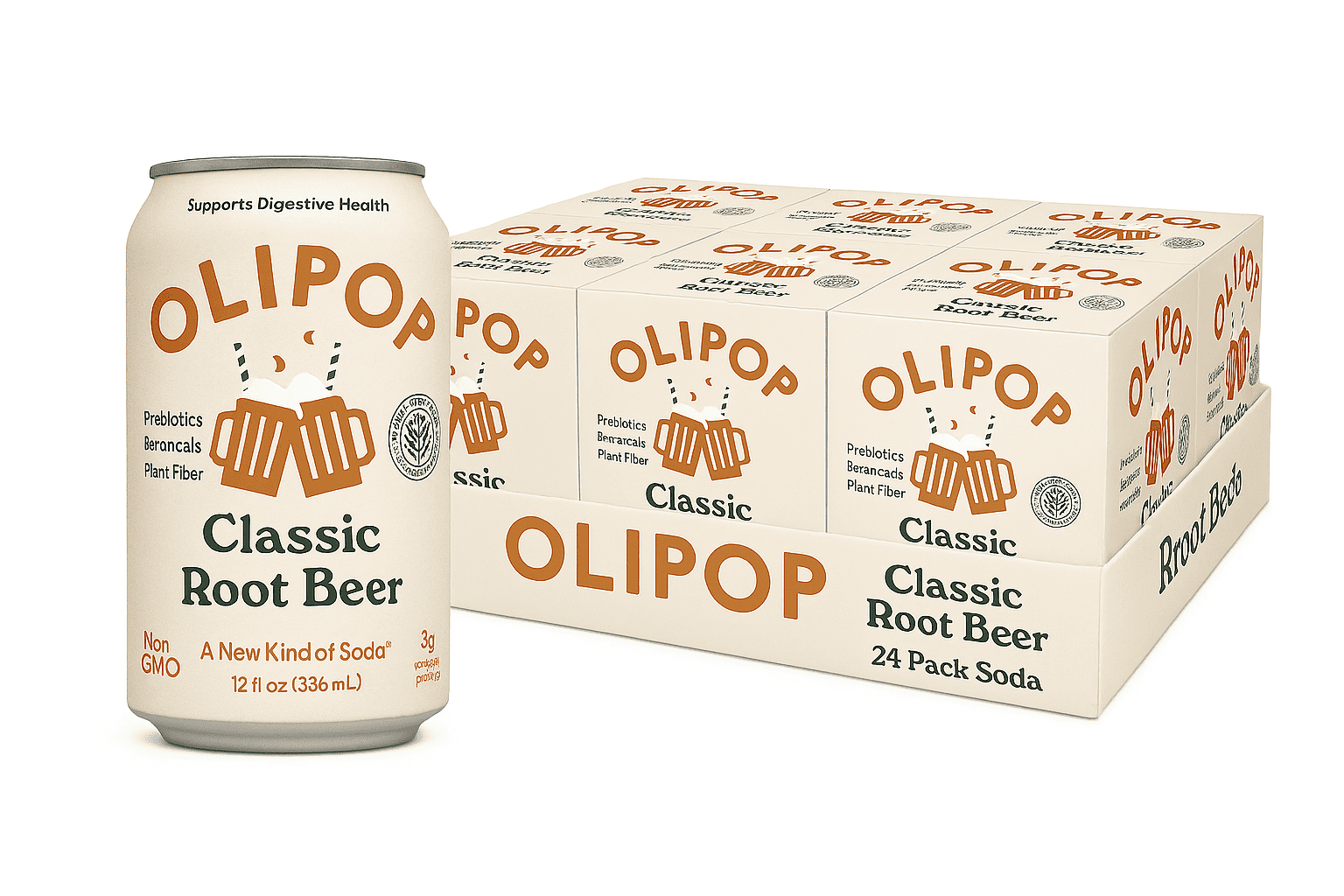 (6 pack) OLIPOP Prebiotic Soda, Classic Root Beer, 12 fl oz, 4 Pack, Pantry Packs