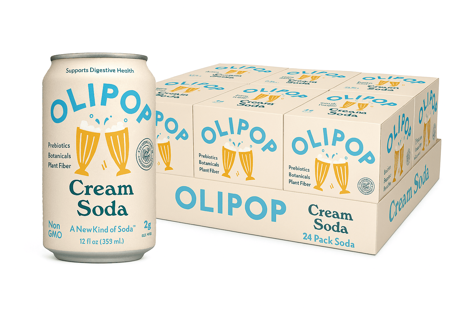 (6 pack) OLIPOP Prebiotic Soda, Cream Soda, 12 fl oz, 4 Pack, Pantry Packs