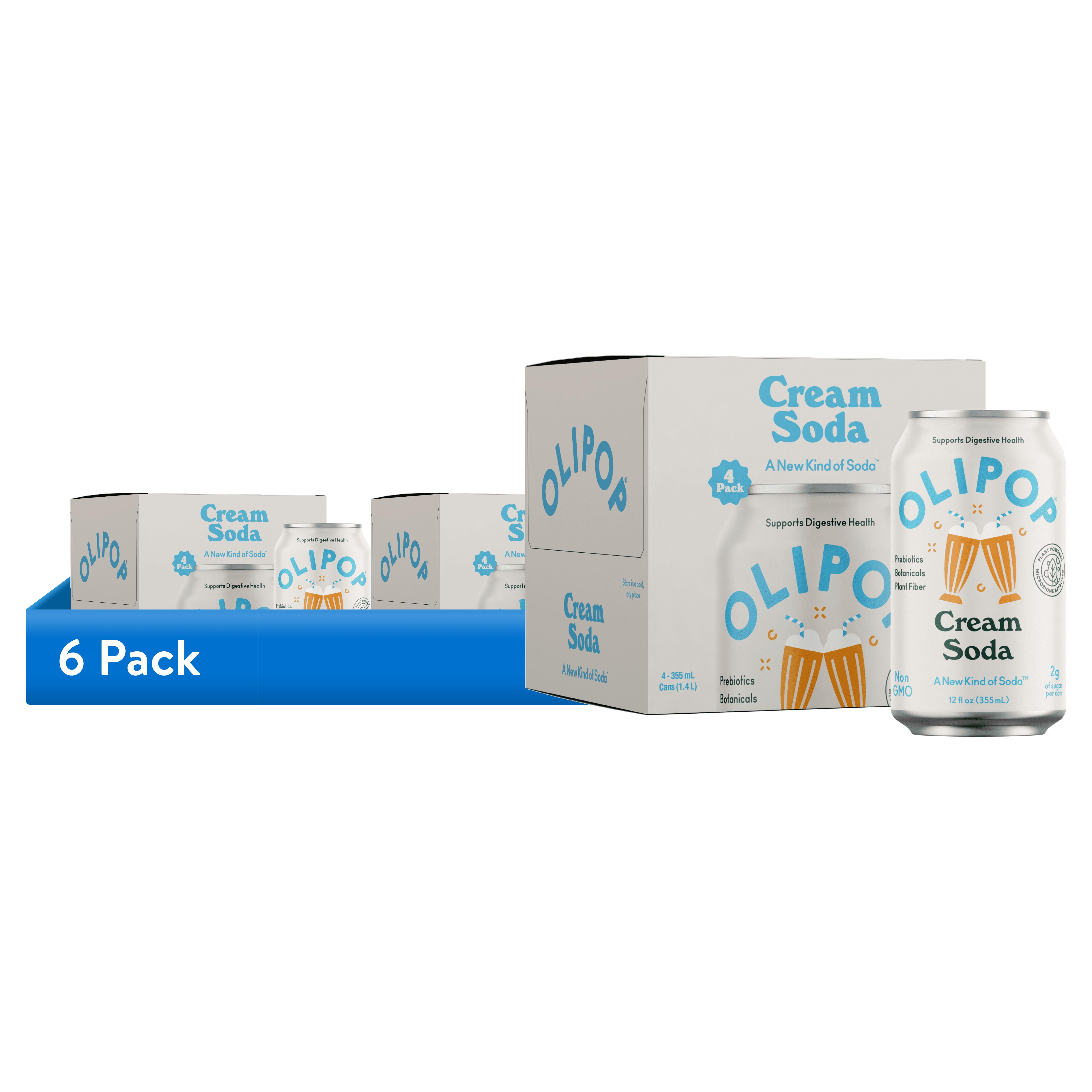 (6 pack) OLIPOP Prebiotic Soda, Cream Soda, 12 fl oz, 4 Pack, Pantry Packs